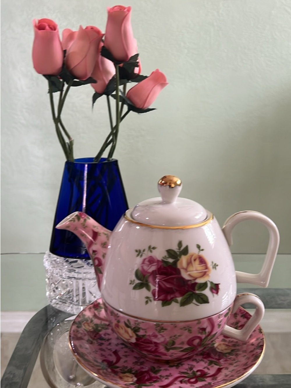 Royal Albert Pink Floral Teapot and Cup Set with Gold Trim